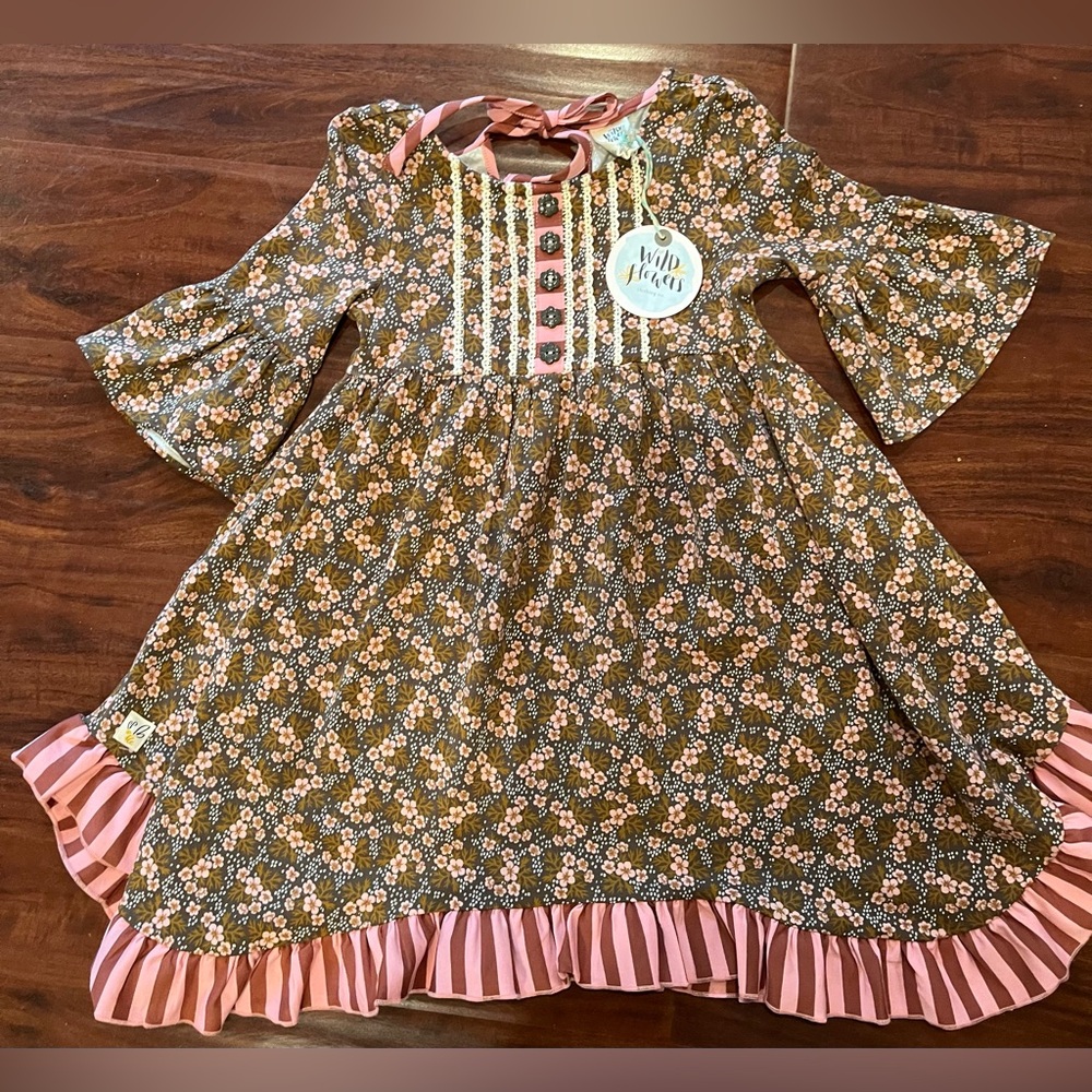 NWT Wildflowers Clothing Co. Brown Pink Floral dress Bell sleeves ruffle fall 4